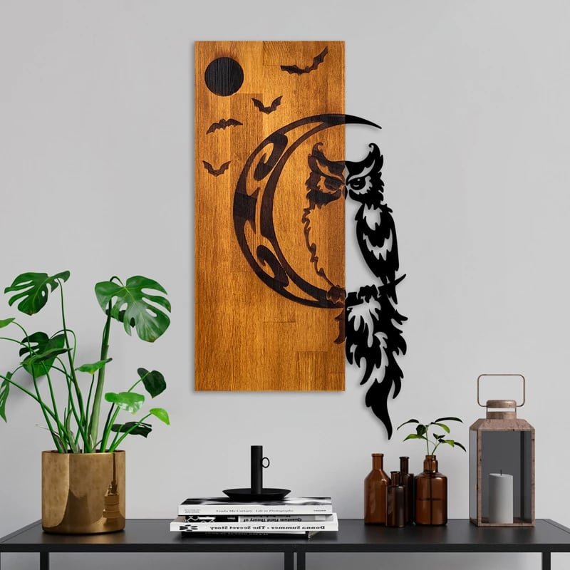 Dekor muri 'Owle', dru pishe natyrale dhe metal i zi, 36x3x66cm