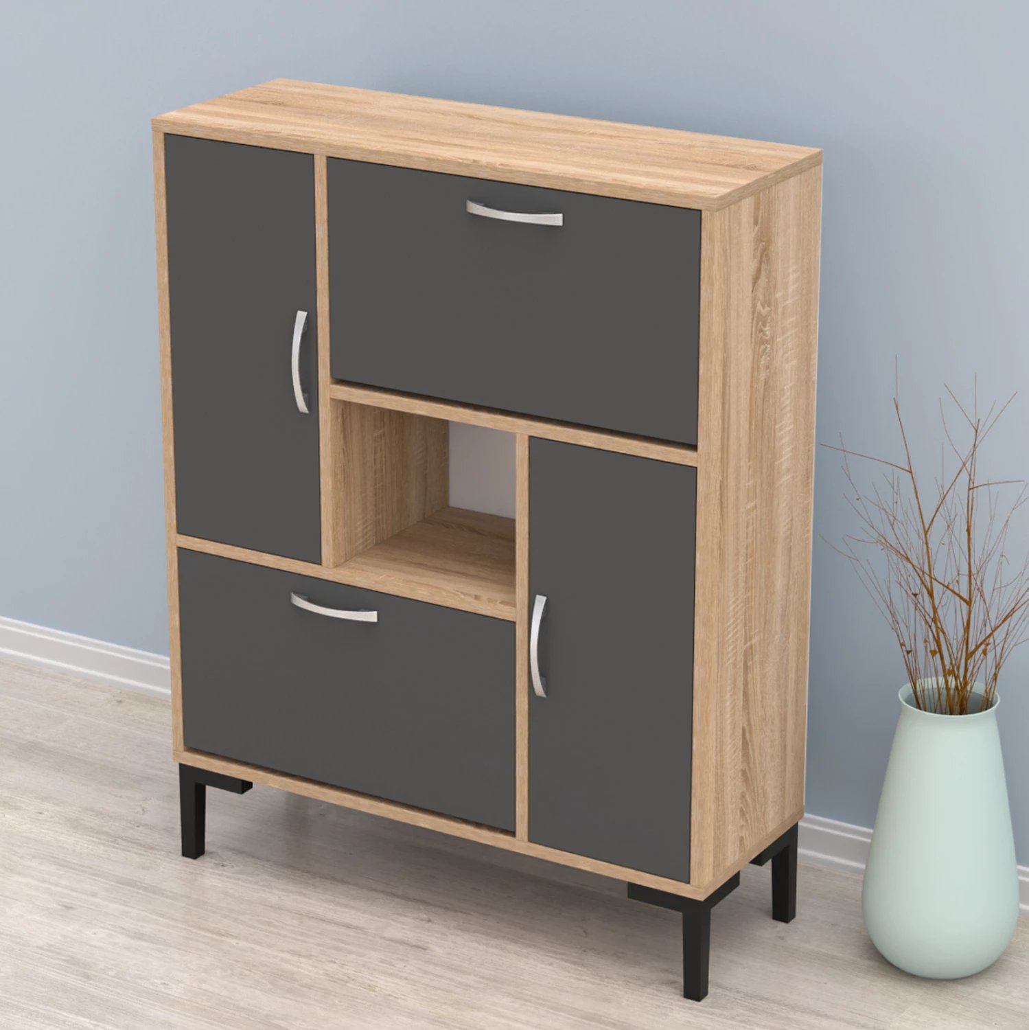 Dollap këpucësh MEDY FH18187.01 melaminë ngjyrë antracit & sonama-këmbë të zeza 86,5x30x109H cm