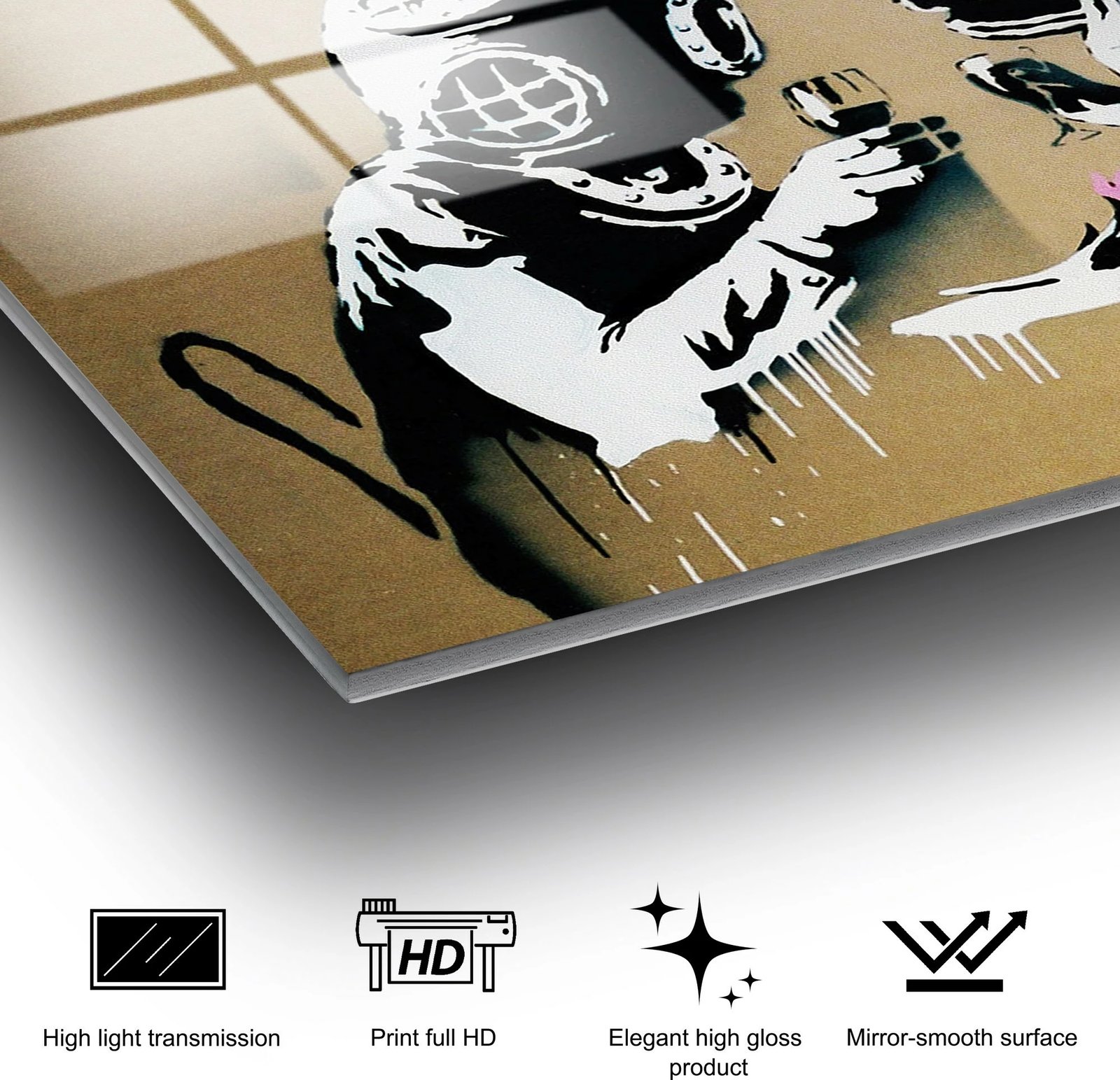 Pikturë dekorative prej xhami të temperuar, Banksy, shumëngjyrëshe, 45x65cm