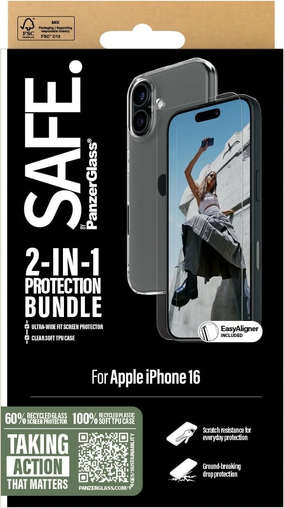 Mbështjellës PanzerGlass për iPhone 16, mbrojtës ekrani transparent, komplet 2-në-1