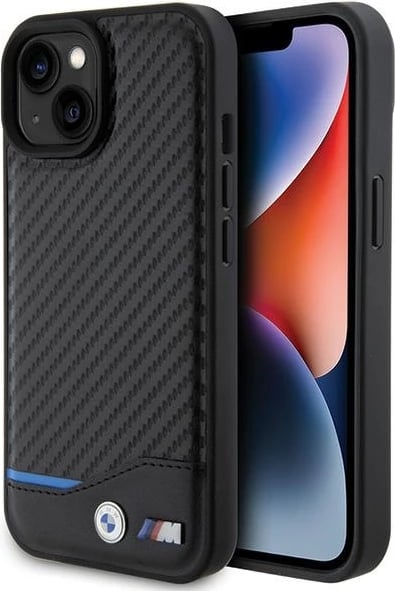 Mbështjellës BMW Leather Carbon për iPhone 15, i zi Mbështjellës BMW Leather Carbon për iPhone 15, i zi