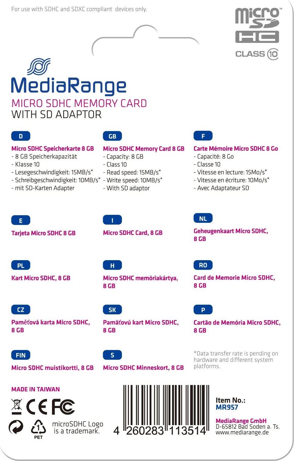 MicroSDHC kartelë MediaRange 8GB, Class 10, me adapter, e zezë