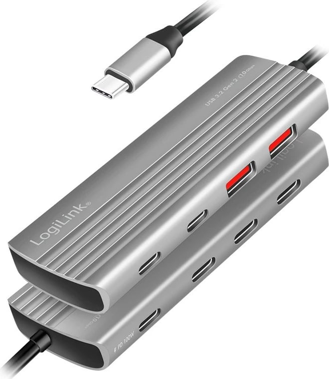 Hub USB LogiLink UA0414, 7 porta (2x USB-A, 5x USB-C), USB3.2 Gen2, PD 100W, Argjend