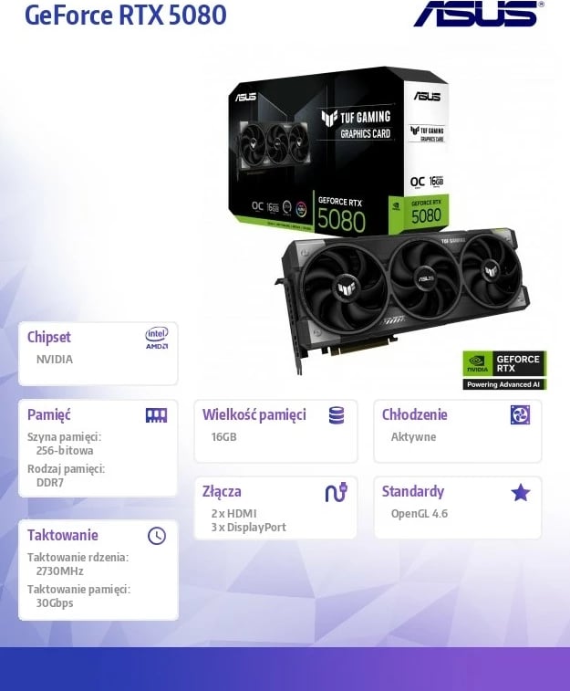 Kartë grafike Asus GeForce RTX 5080 TUF GAMING OC, 16GB GDDR7, 256-bit, e zezë Kartë grafike Asus GeForce RTX 5080 TUF GAMING OC, 16GB GDDR7, 256-bit, e zezë