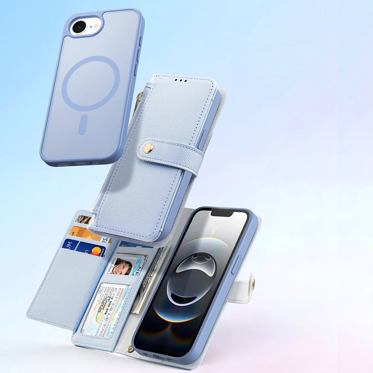 Mbështjellës Dux Ducis Lawa për iPhone 16e, lëkurë, me portofol magnetik, Blu