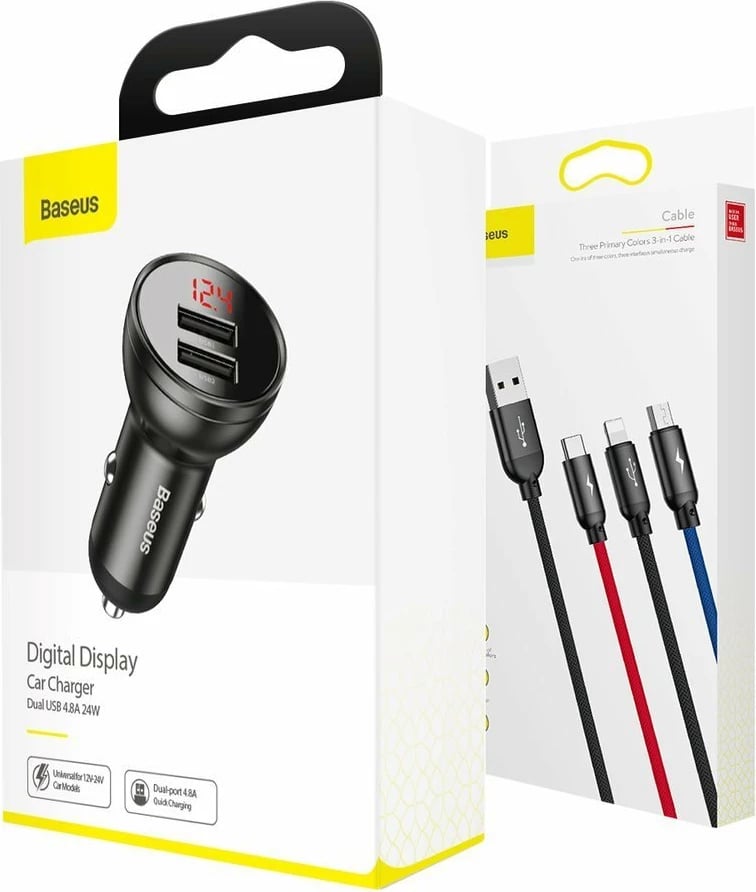 Karikues veture Baseus TZCCBX-0G, 2x USB, 24W, me ekran LCD + kabllo 3-në-1 USB-C/micro USB/Lightning, 1.2m, zi Karikues veture Baseus TZCCBX-0G, 2x USB, 24W, me ekran LCD + kabllo 3-në-1 USB-C/micro USB/Lightning, 1.2m, zi