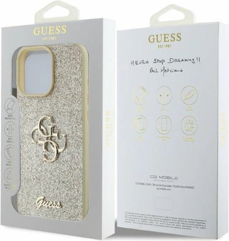Mbështjellës Guess Fixed Glitter Big 4G për iPhone 16 Pro Max 6.9", TPU hardcase, ari