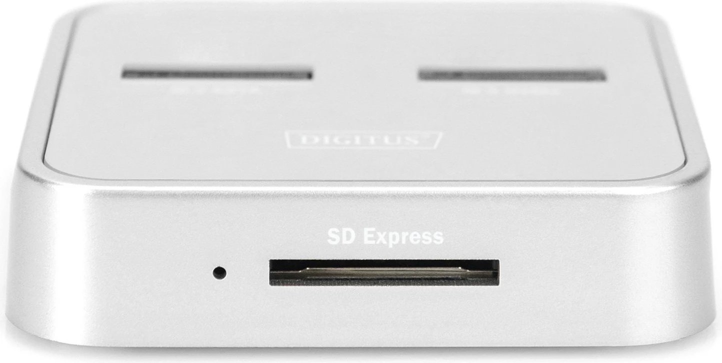 Stacion docking DIGITUS DA-71546 për M.2 NVMe + M.2 SATA SSD me lexues SD Express, USB-C, argjendtë