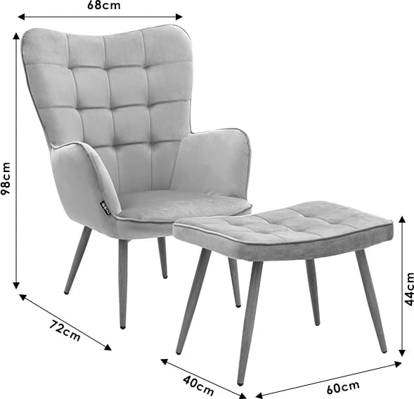 Fotel Maddison me stol këmbësh, kadife gri-natyrale, 68x72x98cm