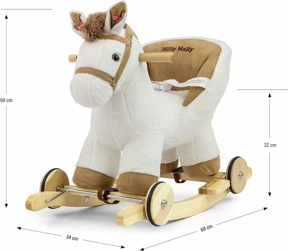 Kalë luhatës 2-në-1, Milly Mally, Polly, me rrota dhe tinguj, 12–36 muaj, i bardhë