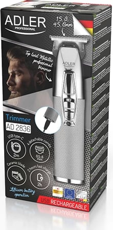 Makinë rroje trimmer Adler AD 2836, bateri 1400 mAh, teh qeramik me veshje titan gri, USB‑C, gjatësia pa kapak 0.9 mm, argjendtë, set me 4 krehra
