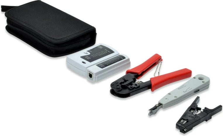 Set veglash rrjeti Digitus DN-94022 me tester, krimpër, punch down tool dhe çantë, e zezë