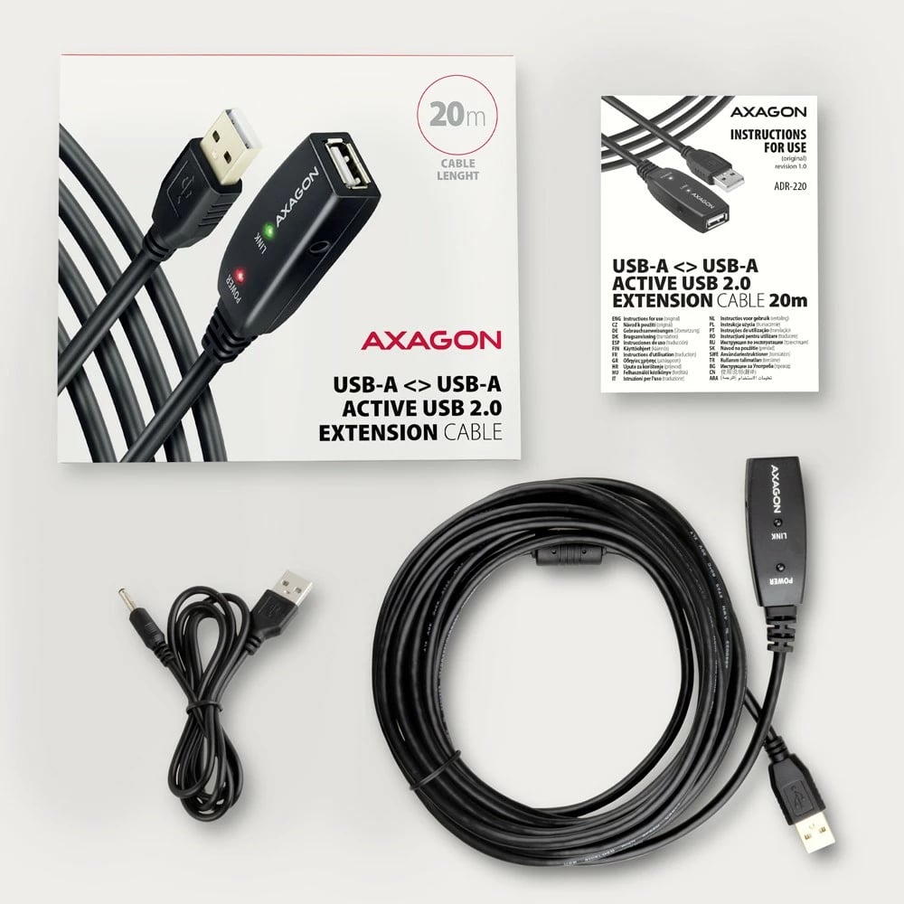 Kabllo zgjatës USB AXAGON ADR-220, 20m, i zi