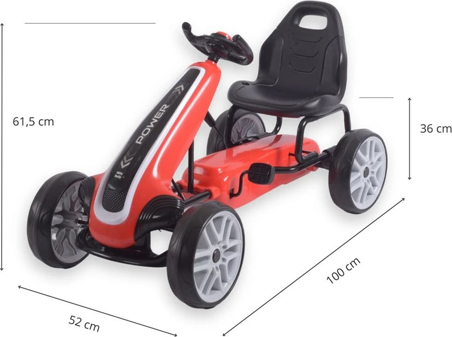 Go-kart me pedale, Milly Mally Power, rrota EVA, frenë dore, ulëse e rregullueshme, 3+, e kuqe