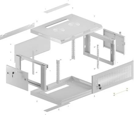 Kabinet rack muri 19", Lanberg WF01-6404-23S, 4U 600x450, derë e perforuar, 4 shina, 2 vende ventilatori, IP20 60 kg, gri, Flat Pack