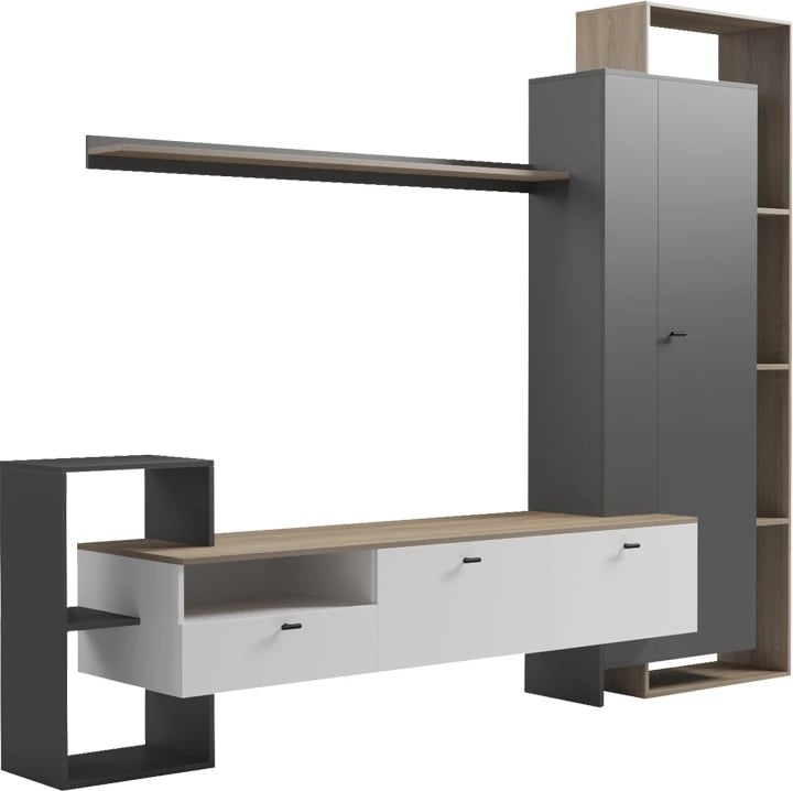 Set për dhomë dite Ferefia, ngjyrë sonoma, e bardhë dhe gri e errët, 240x45.5x189.5cm