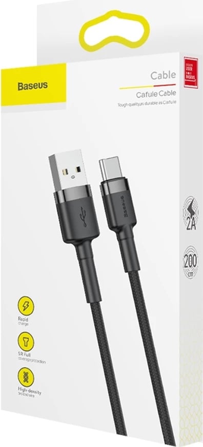 Kabllo Baseus Cafule CATKLF-CG1, USB në USB-C, 2m, QC3.0, E zezë-gri