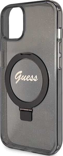 Mbështjellës Guess Ring Stand Script Glitter MagSafe për iPhone 15, i zi
