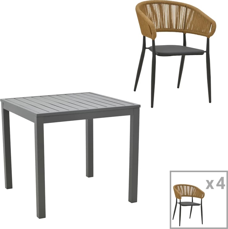 Set tavoline me karrige për terasë Kliton-Raven, alumin, ngjyrë antracit-natyrale, 80x80x74cm, 5 copë