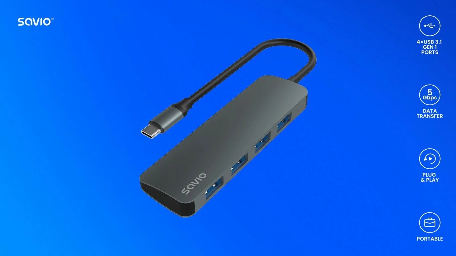 HUB USB 4-portësh Savio AK-54, USB-C në 4x USB-A, 3.1 Gen 1, Gri