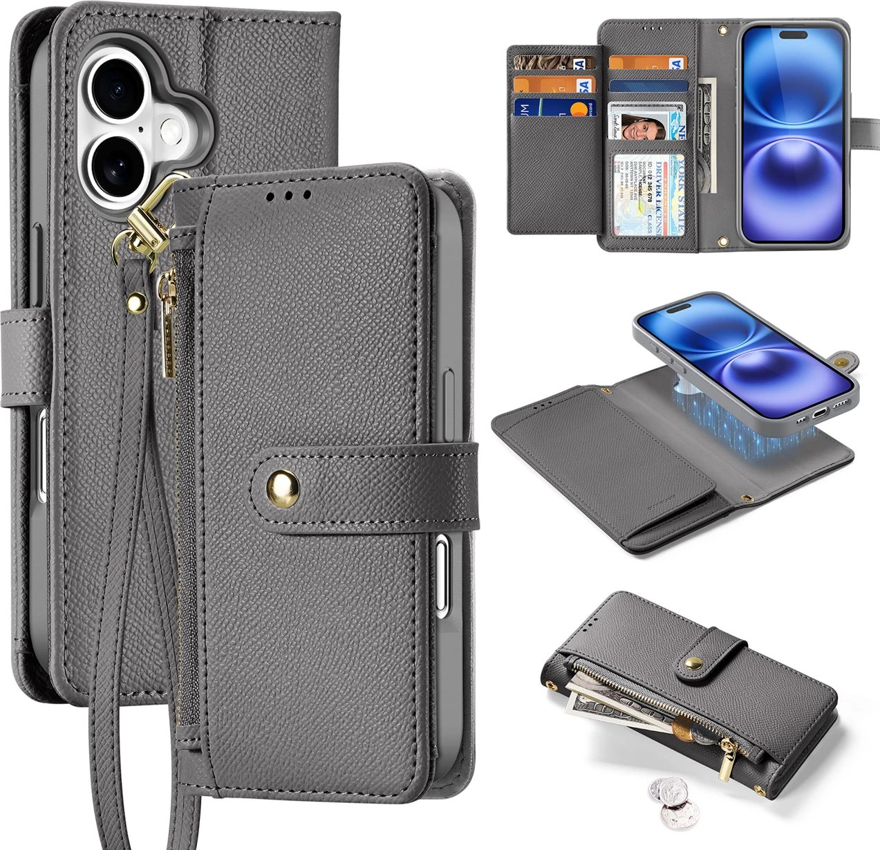 Mbështjellës Dux Ducis Lawa për iPhone 16, lëkurë, me portofol magnetik, Gri