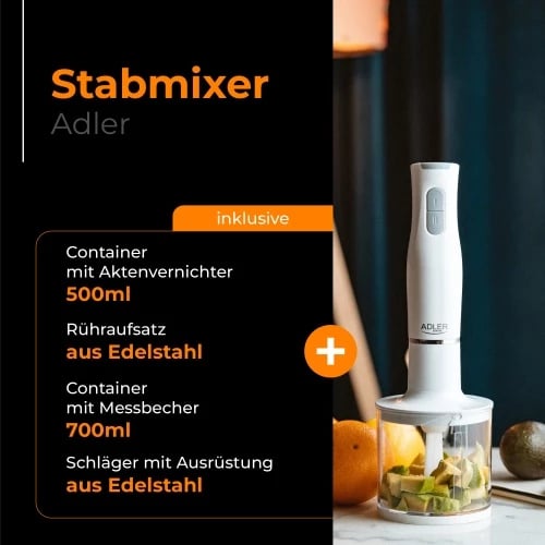 Blender dore, Adler AD 4620, 800W, 2 shpejtësi, teh/këmbë çelik inox, bardhë, set Blender dore, Adler AD 4620, 800W, 2 shpejtësi, teh/këmbë çelik inox, bardhë, set