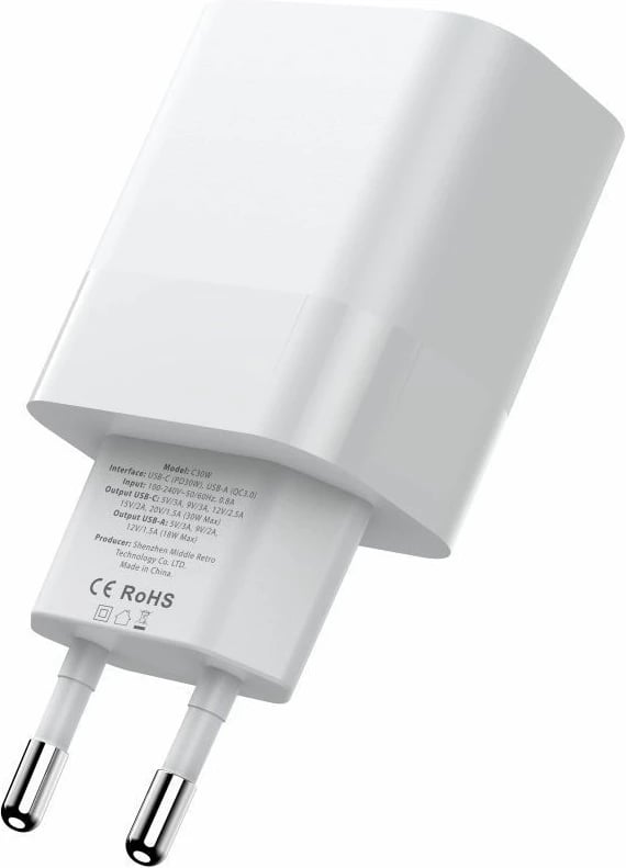 Karikues murit Tech-Protect C20W me 2 porta USB-C PD 20W dhe kabllo USB-C, Bardhë