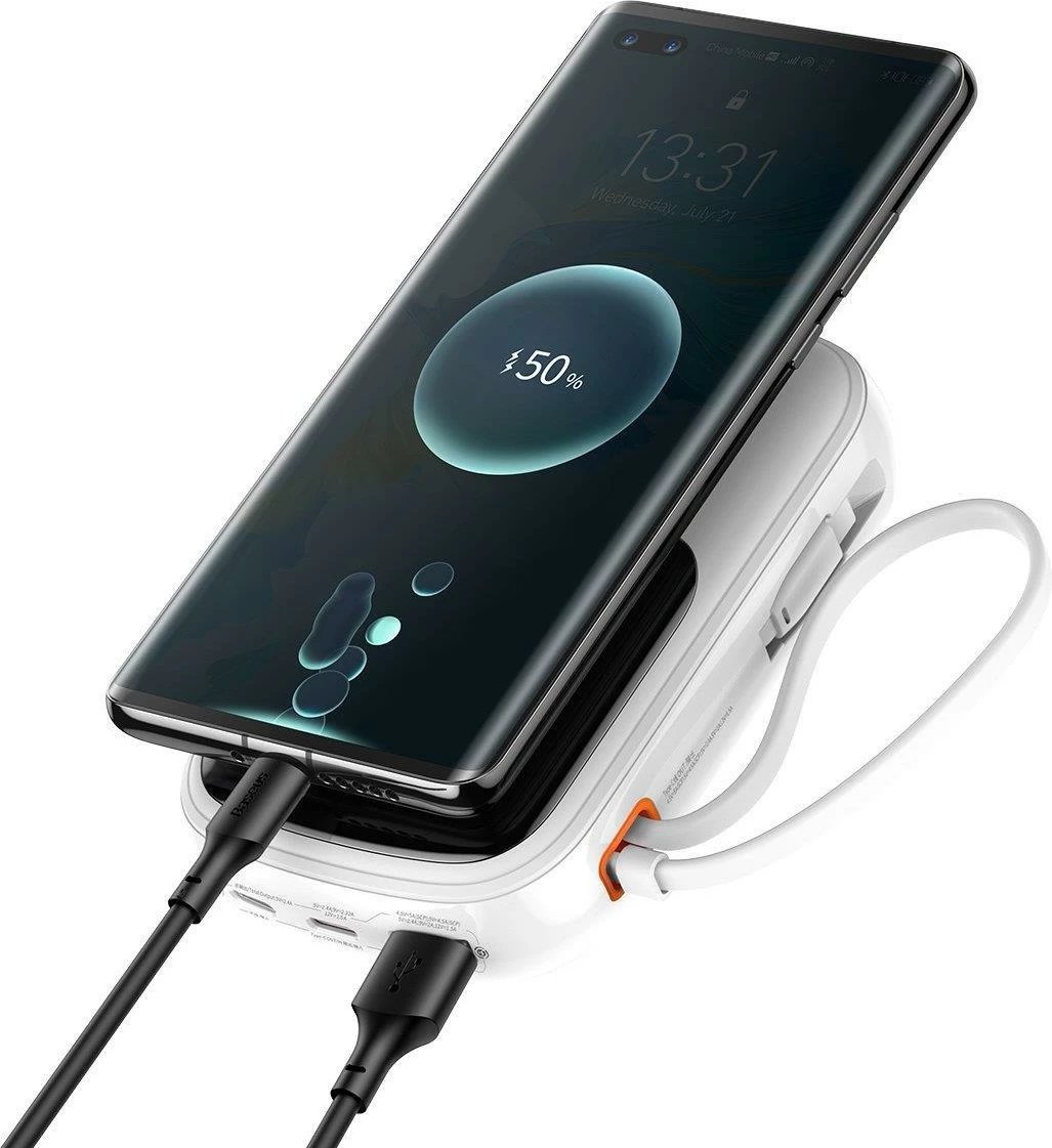 Powerbank Baseus Qpow, 20000mAh, 22.5W, me kabllo USB-C të integruar, Bardhë