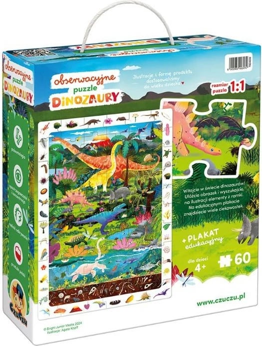 Puzzle dinosaurësh CzuCzu, 60 pjesë, me poster 48x68 cm, për fëmijë