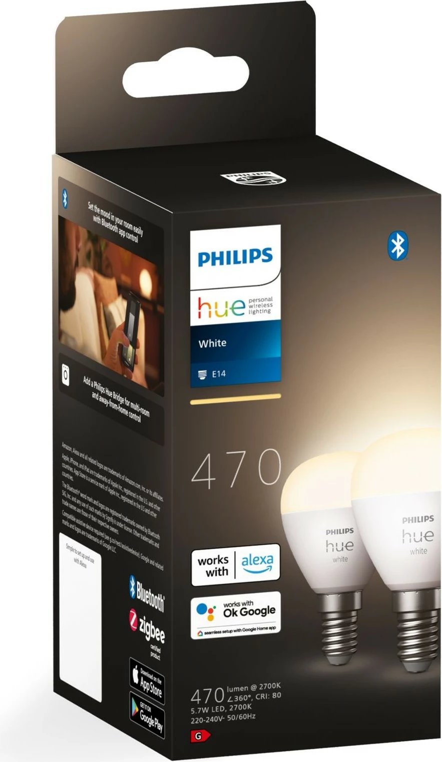 Llambë e mençur Philips Hue White Lustre, E14, 2 copë, LED, Bluetooth/Zigbee, e bardhë