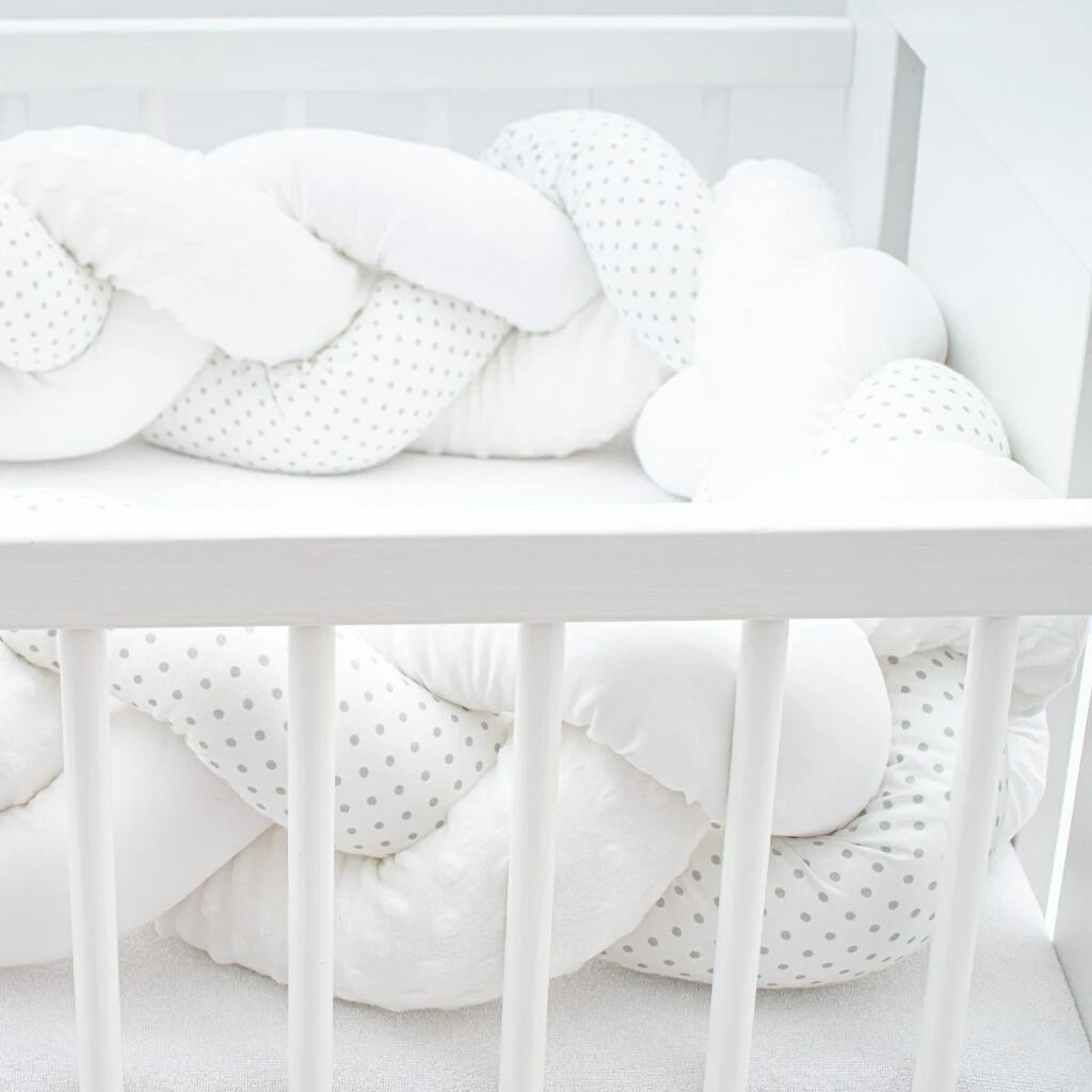 mbrojtëse e thurur për krevat bebe, New Baby, Minka & Dot, 210x18x10 cm, gri