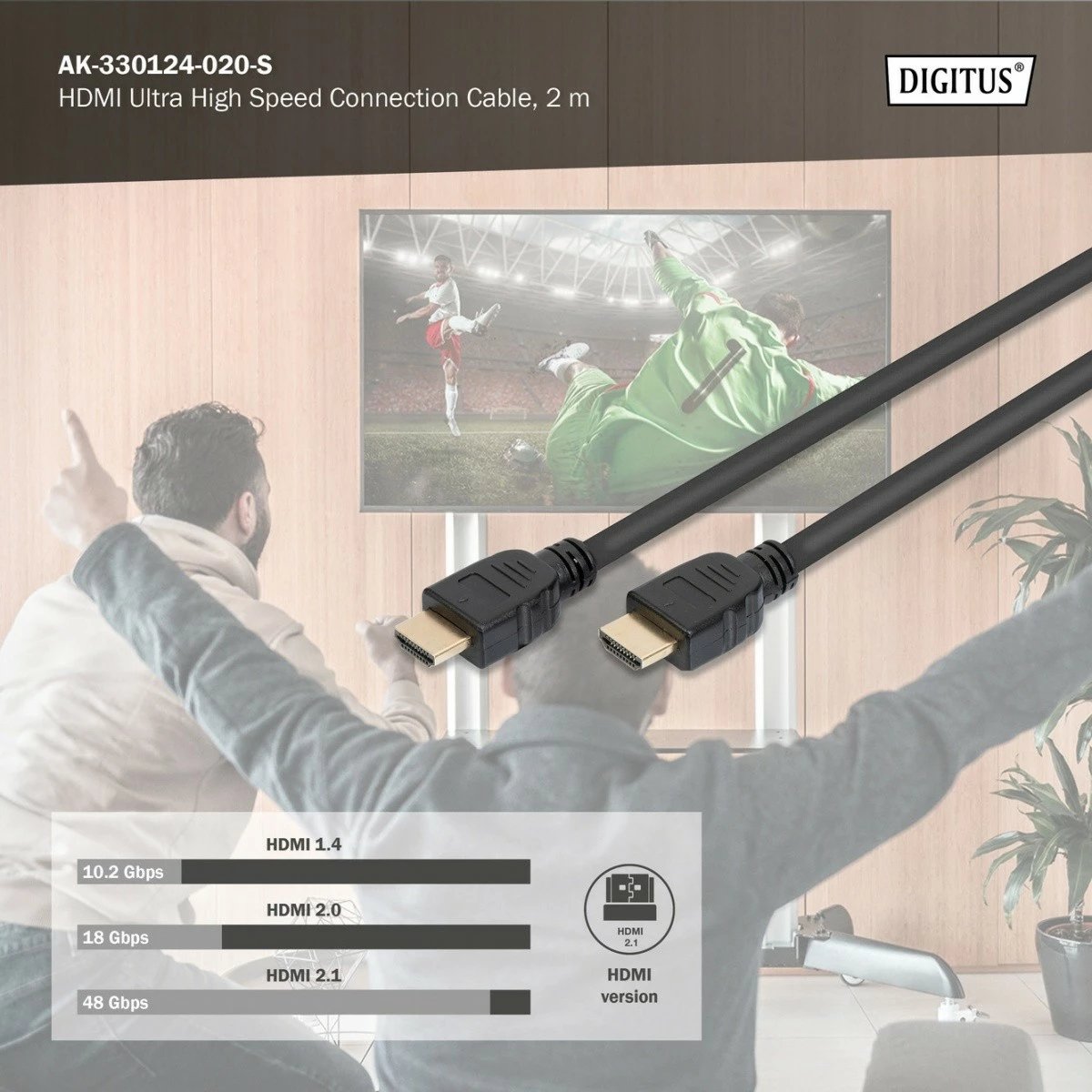 Kabllo HDMI Digitus AK-330124-020-S, Ultra HighSpeed, 2m, 8K, e zezë