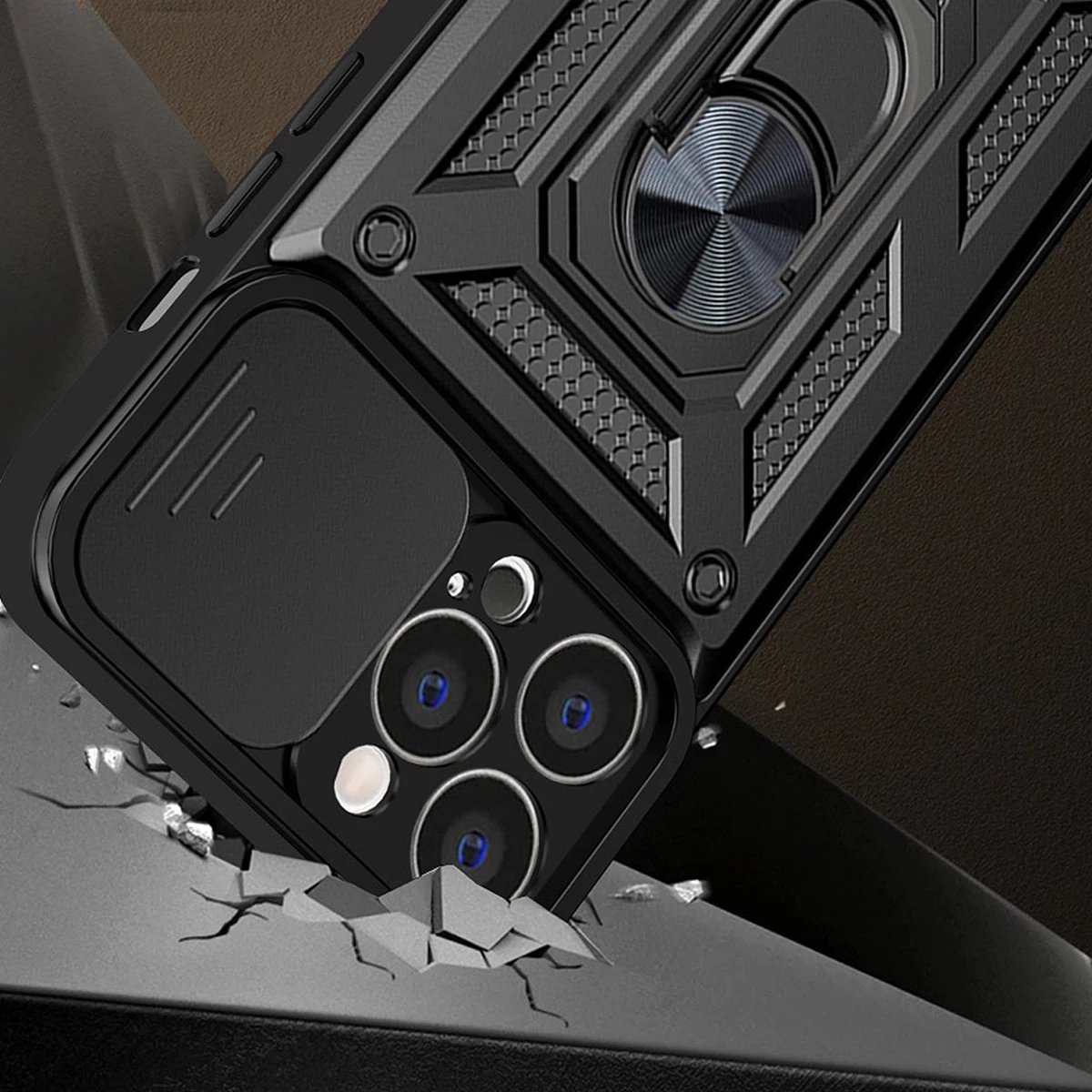 Mbështjellës Hurtel Hybrid Armor Camshield për Realme 10 Pro+, me mbulesë kamere, unazë metalike, i zi