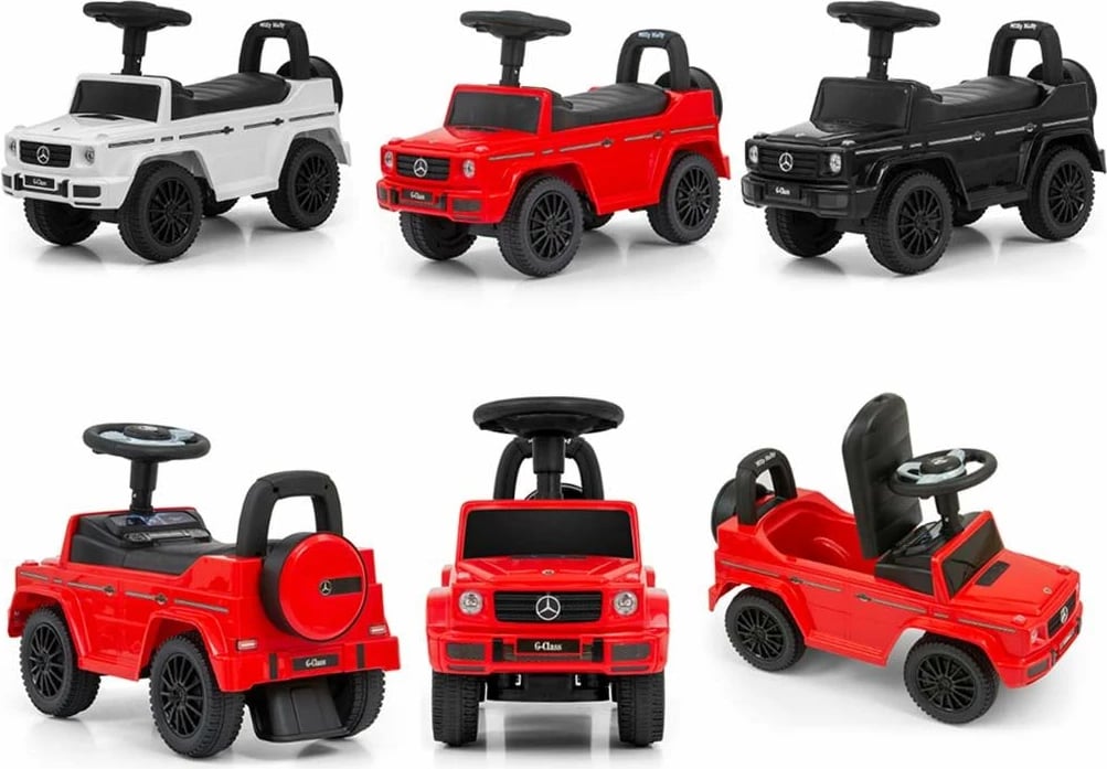 makinë lodër shtytëse për fëmijë, Milly Mally, Mercedes G350d, timon me tinguj, rrota para rrotulluese, sedilje me hapësirë, 12-36 muaj, 25 kg, e kuqe
