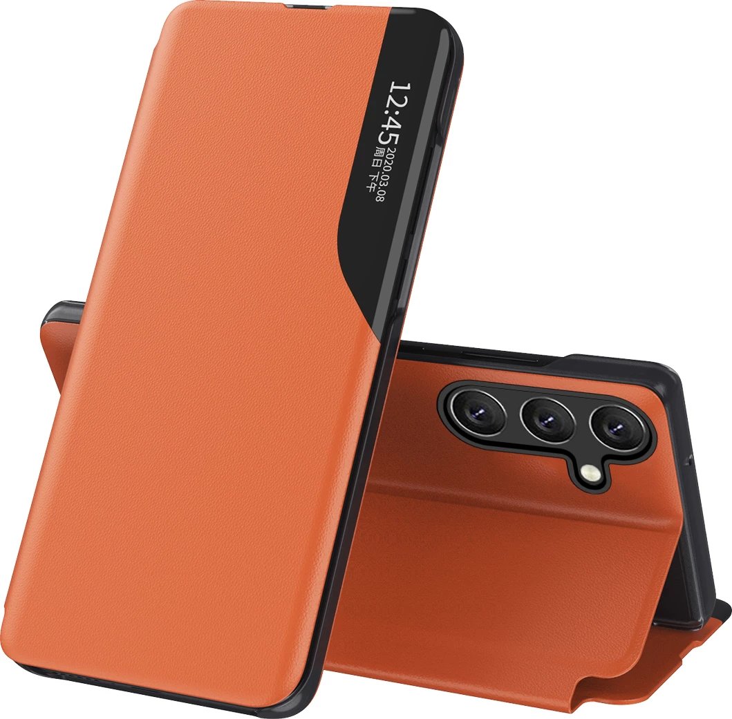 Mbështjellës Hurtel Eco Leather View Case për Samsung Galaxy A36, me kapak dhe funksion qëndrimi, portokalli