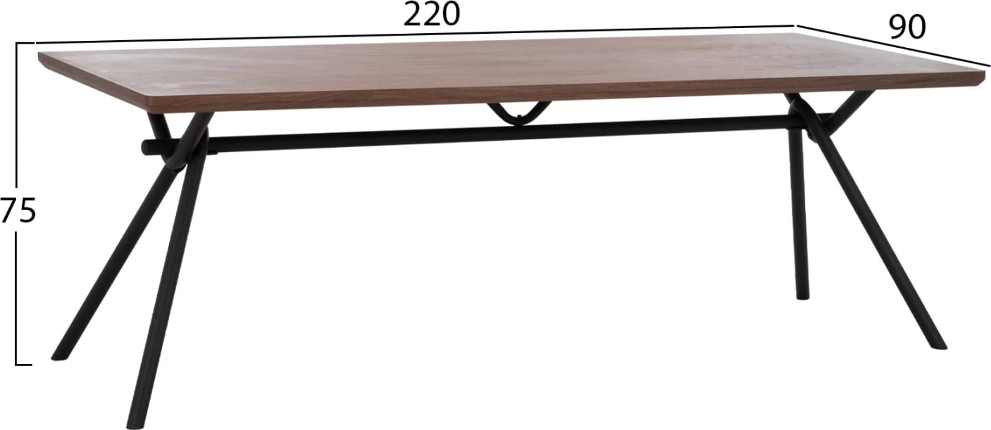 Tavolinë ngrënieje MANDY, MDF, ngjyrë arre, këmbë metali, 220x90x75 cm