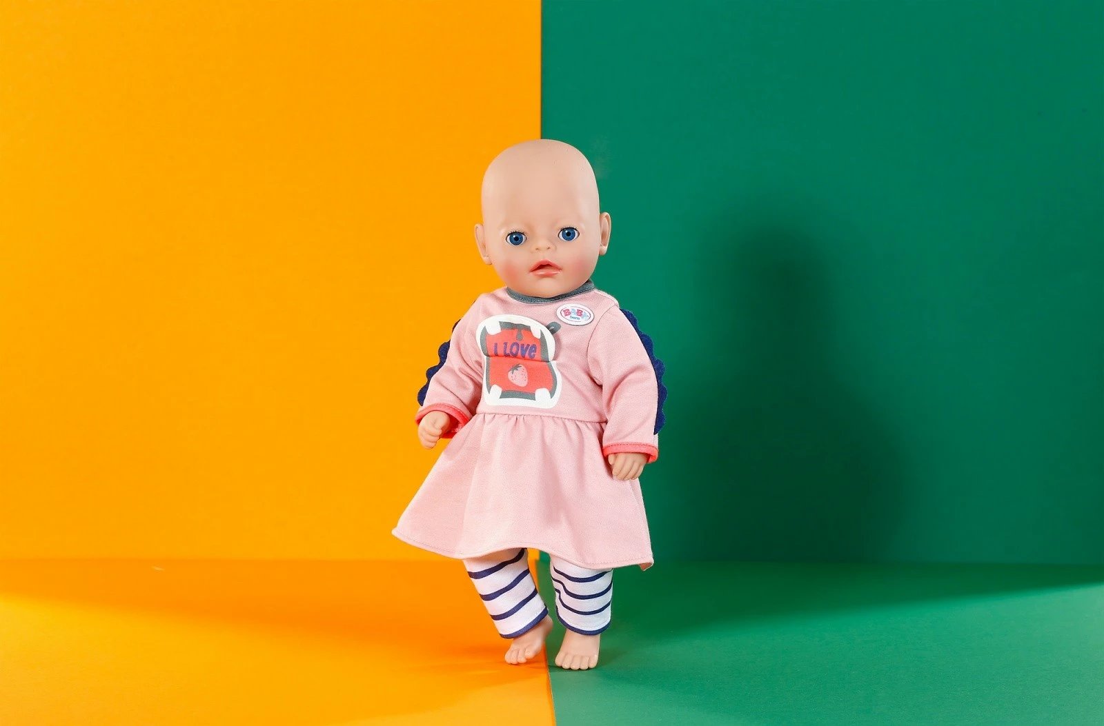 Rroba për kukull, Baby Born, Jungle Dress 36 cm, me mëngë të gjata dhe geta me vija, MPN 838129-116725, rozë/neblu/bardhë, set 2-pjesësh