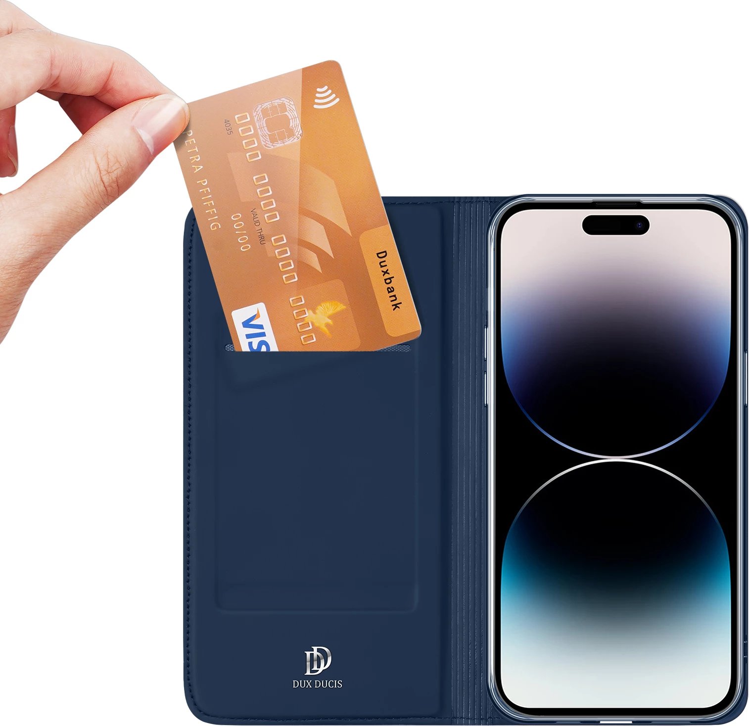 Mbështjellës Dux Ducis Skin Pro për iPhone 15 Pro Max, me xhep kartelash, me qëndrim, Kaltër