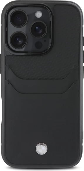Mbështjellës BMW Sign prej lëkure për iPhone 16 Pro Max, i zi