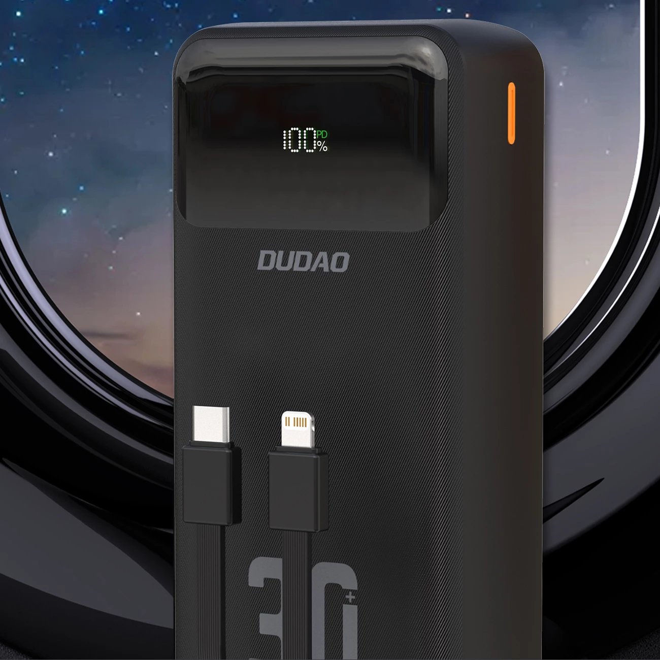 Powerbank Dudao K15MAX, 30000mAh, 22.5W, me kabllo të integruara, e zezë