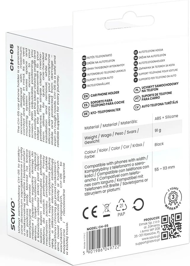 Mbajtës telefoni për veturë Savio CH-05, i zi