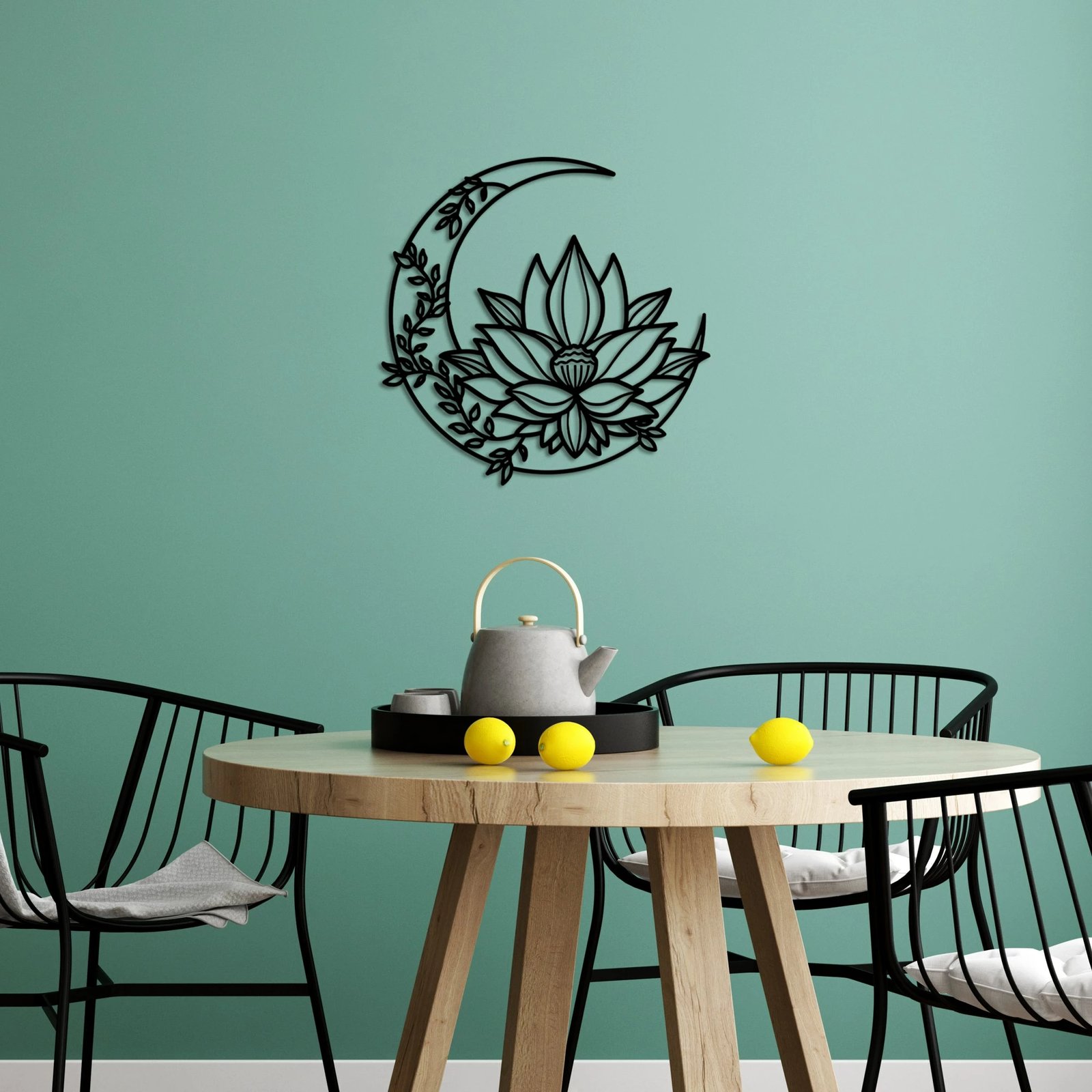 Aksesor dekorativ metalik për mur, Flower Moon, i zi, 70x70cm