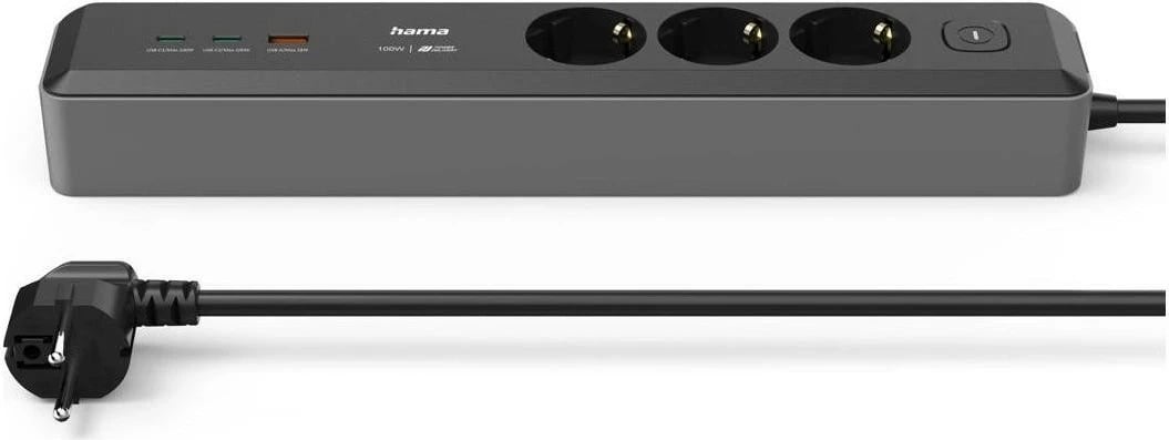 Listë zgjatje Hama, 3 gniazda SCHUKO, 1,4m, 2 USB-C, 1 USB-A, Power Delivery, 100W, gri