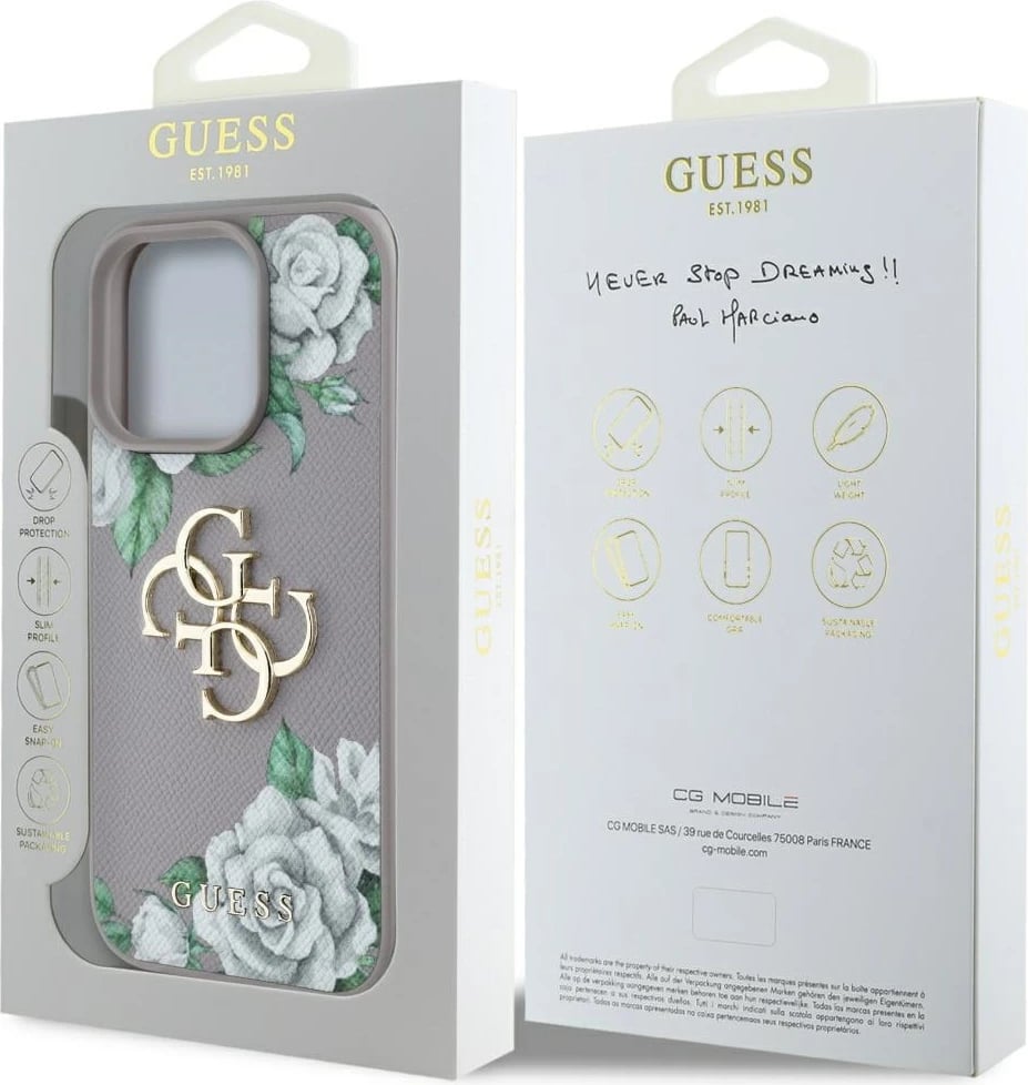 Mbështjellës Guess Grained Roses Big 4G logo për iPhone 16 Pro Max, Vjollcë
