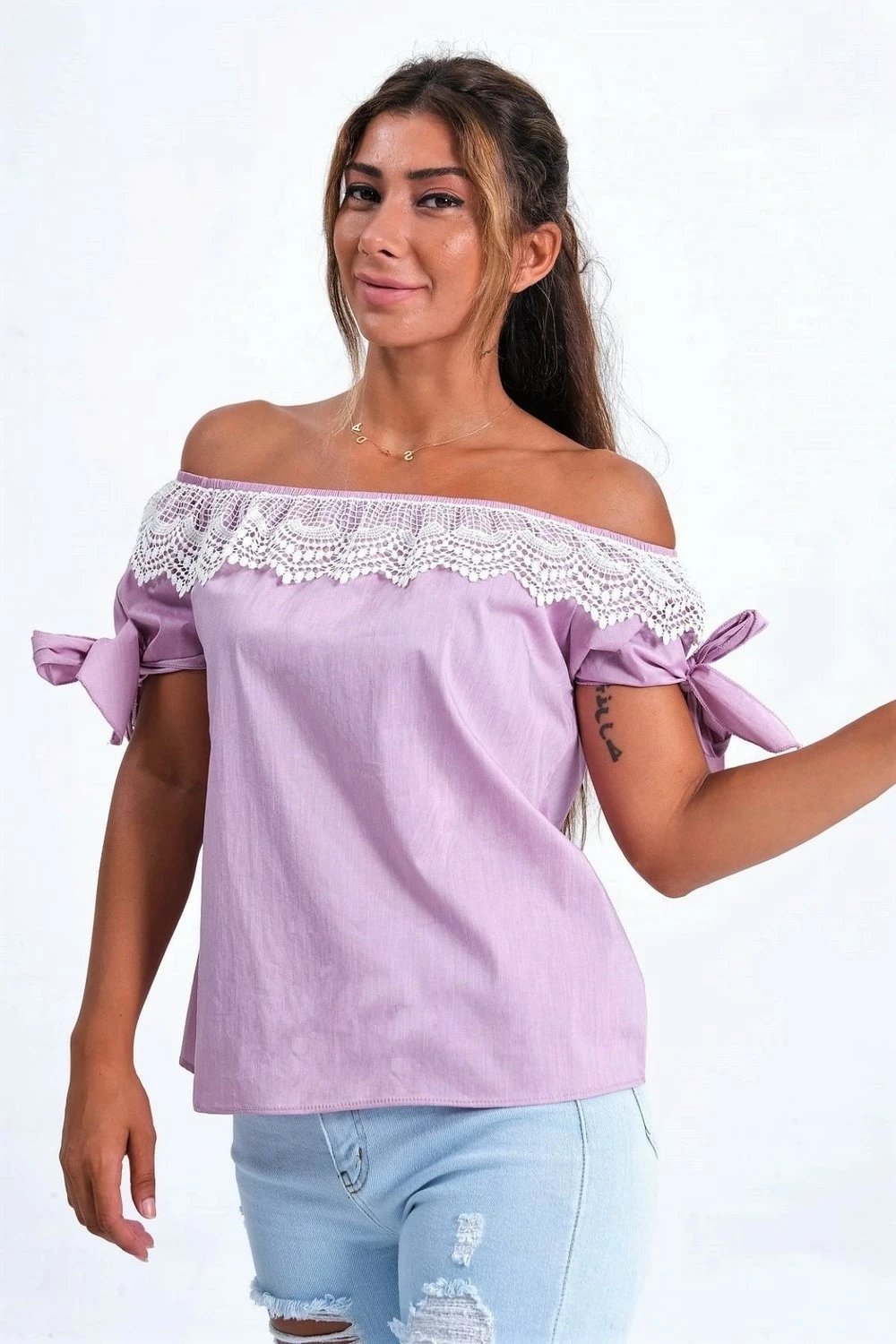 Bluzë për femra Keyifli Moda, me detaje dantelle, ngjyrë lila