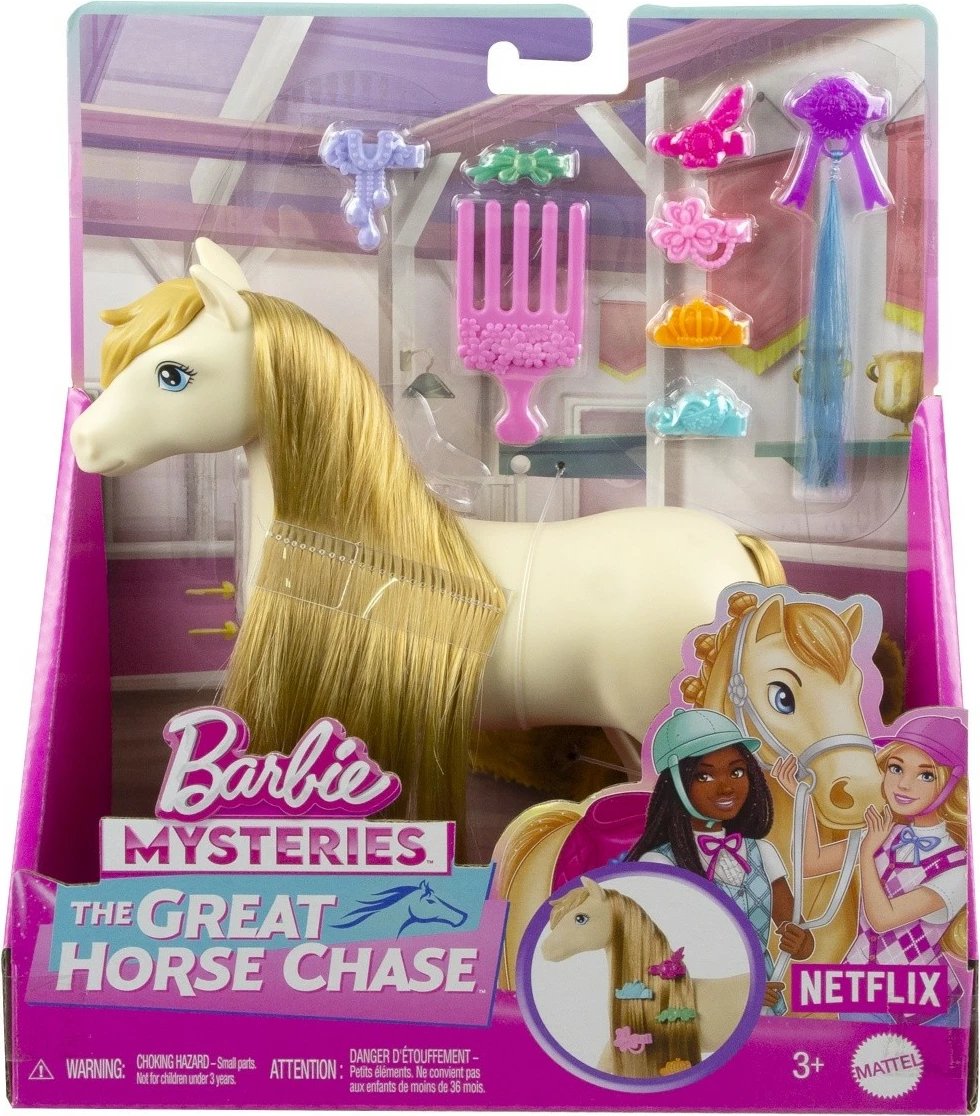 Lodër kali Barbie Mysteries Tornado me krifë të gjatë për stilim, bezhë