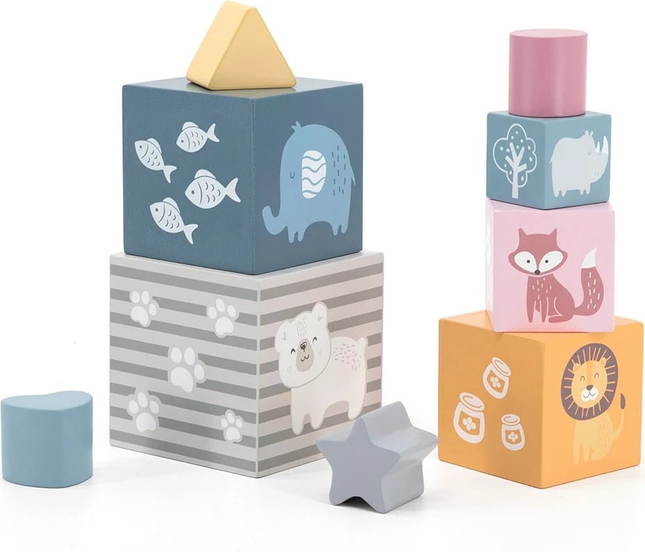 Piramidë druri me numra, Viga Polar Bear, 5 kube + sorter formash, 24M+, multingjyrëshe