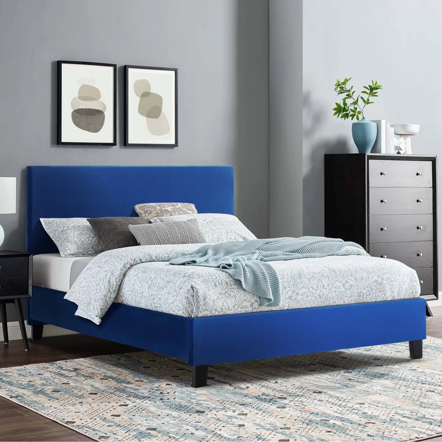 Krevat blu kadife BECCA FH553.18 për dyshek 150x200 cm