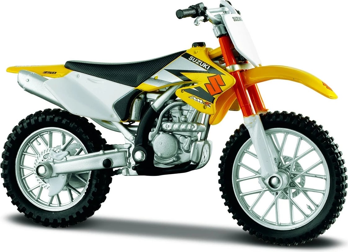 Model metalik motor Maisto Suzuki RM-Z250, 1:18, verdhë/bardhë/zi, me qëndrim