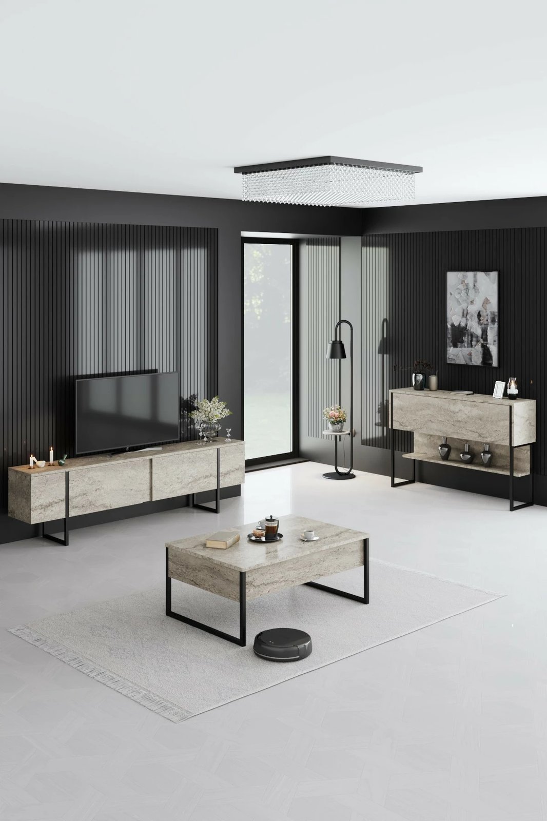 Komodë Hanah Home, Luxe, travertin, e zezë
